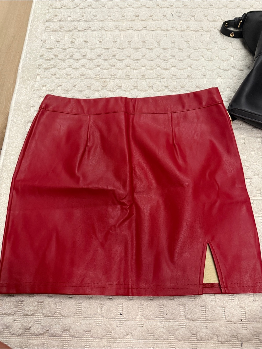 Lulu's Red Faux Leather Mini Skirt with Small Side Slit